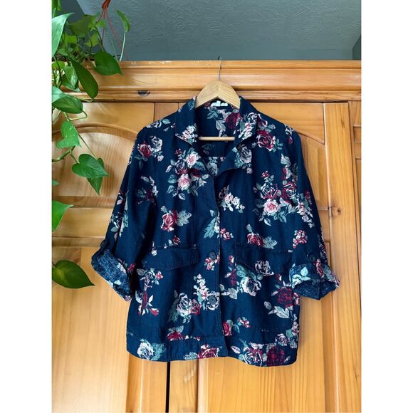 Maurices Jacket Womens Floral Blue Linen Button Up Boho Art Pockets SZ L - Picture 3 of 12